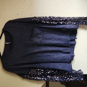 Free People Charcoal Blouse with Sequin Sleeves